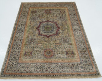 5x7 Taupe Mamluk Rug: Hand-Knotted Wool, Geometric Medallion