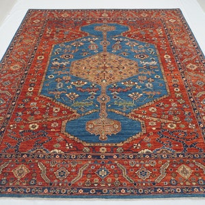 8x10 Blue Rusty Red Afghan Serapi Area Rug - Tribal Hand knotted wool Oriental rug - Rugs for Living room - Bedroom rug - 8&#39;4&quot;x9&#39;9&quot;