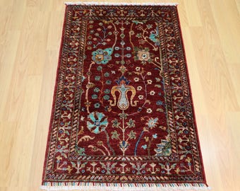 3x4 ft Red Waziri Rug: Afghan Hand Knotted Wool Oriental Rug