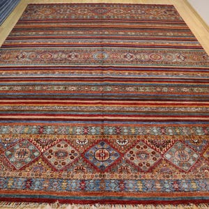 9x12 Red Khorjin Tribal Area Rug - Afghan Hand knotted Veg dyes wool Striped Rug - Rugs for living room - Bedroom Rug - Red Carpet