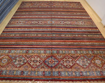 9x12インチのアンティークアフガンラグ：手織りウール、レッド