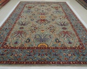 10x14 Blue Serapi Area Rug - Fine Ferahi Wool Afghan Hand knotted Oriental Rug - Rugs for living room - Bedroom rug - Blue Carpet 9&#39;9x13&#39;7