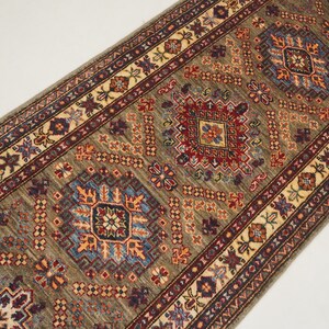 9 Ft Kazak Runner Rug - Natural Gray Kazak Caucasian Afghan Hand knotted Veg dye Wool Hallway runner Rug - Entryway runner - Kitchen runner