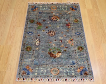 3x4 Blueish Gray Waziri Rug: Afghan Hand Knotted Wool Oriental Rug
