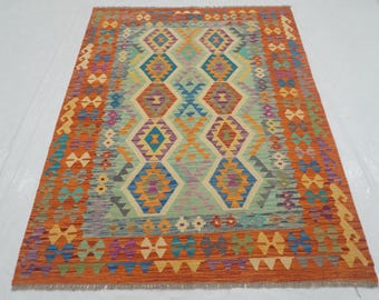 Handmade Afghan Kilim Rug: Blue Orange Geometric Wool (5'1"x6'5")
