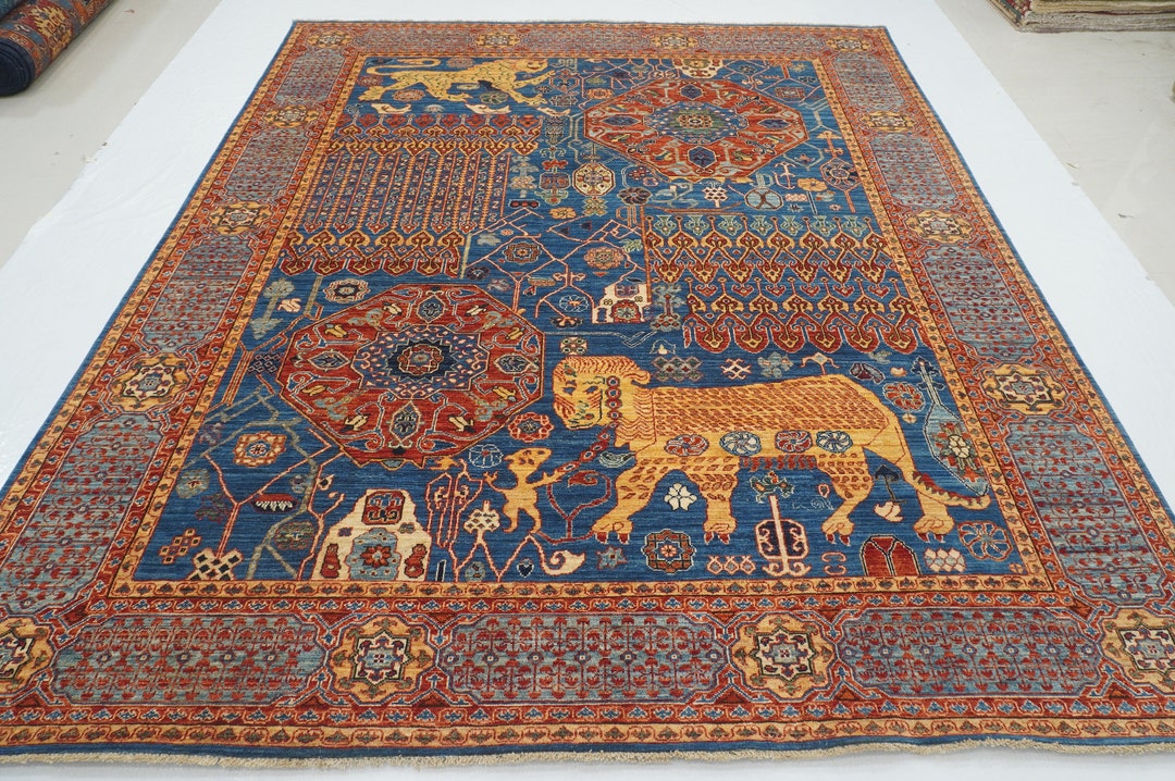 8x10 Dark Blue Egyptian Mamluk Area Rug - Tribal Lion Hand Knotted Veg ...