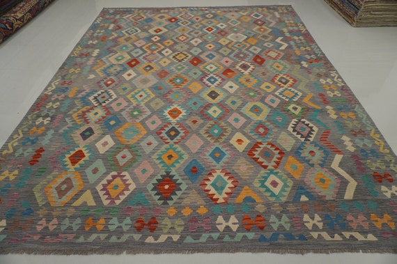 10x13 Afghan Kilim Rug: Handmade Wool, Gray Pastel Geometric Design