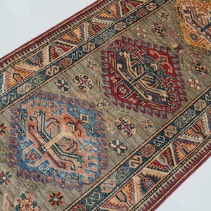 9 Ft Kazak Runner Rug - Beige Gray Kazak Caucasian Afghan Hand knotted Veg dye Wool Hallway runner - Tribal runner - Kitchen runner