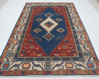 6x9 Blue Oriental Rug: Hand Knotted Afghan Wool Geometric Rug