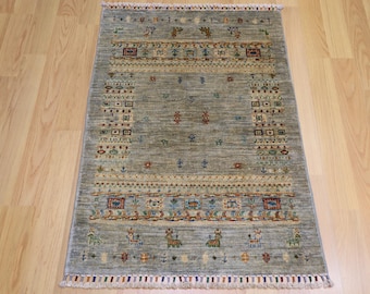 3x4 Blue Gabbeh Rug: Afghan Hand Knotted Wool Tribal Rug