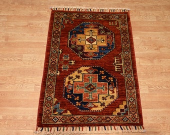 2x3 Red Ersari Rug: Afghan Hand-Knotted Wool Accent Rug