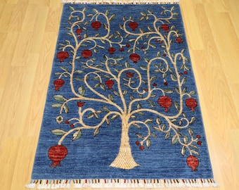 3x6 Blue Gabbeh Rug: Tree of Life Afghan Hand Knotted Wool Tribal Rug