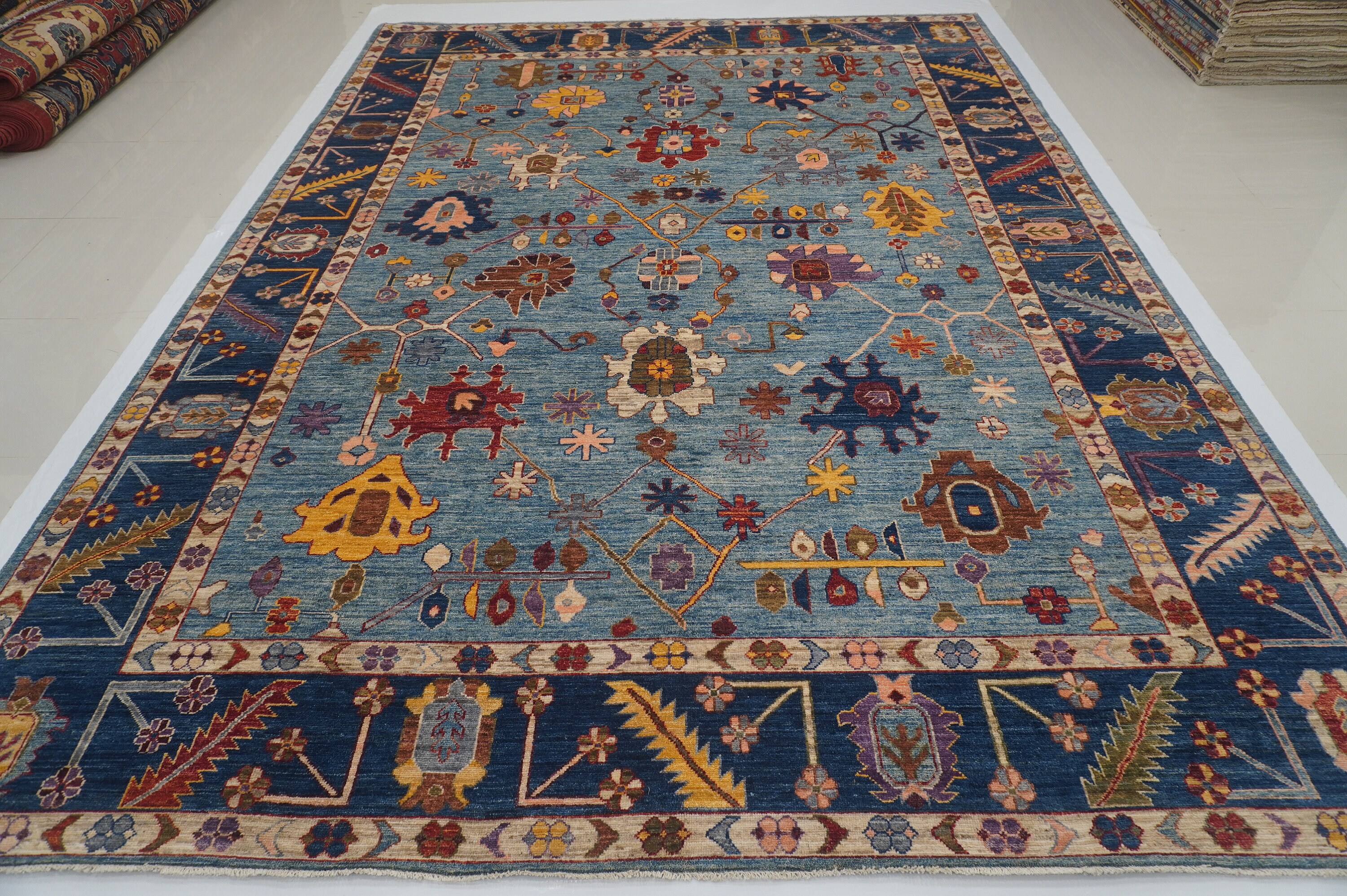 10x14 Blue Oushak Area Rug - Turkish Hand Knotted wool Veg dye Oriental Rug - Rugs for Living Room - Bedroom Rug - Blue Carpet - 9'10"x13'5"
