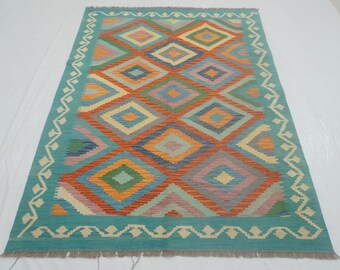 Handmade Afghan Kilim Rug: Turquoise Blue Orange Geometric Wool, 5x6.8 ft