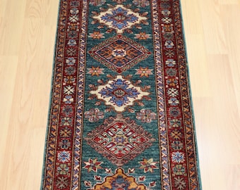 2x6 Green Kazak Runner Rug: Afghan Hand knotted Wool Rug