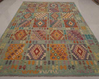 8x12 Afghan Kilim Rug: Blue Flatweave Handmade Wool Area Rug