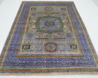 6x8 Gray Blue Turkish Mamluk Area Rug - High Quality Hand Knotted Veg dyes Wool Rug - living room rug - Medallion rug - Bedroom rug