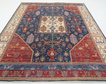 Tappeto Gabbeh 8x10: tappeto orientale afghano in lana annodato a mano, blu navy.
