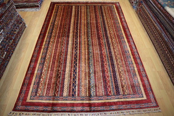 Hand Knotted Turkish Area Rug 7x10: Red Shawl Pattern, Veg Dye Wool, Boho Style