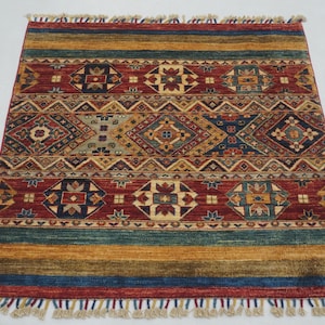 3x3 Red Tribal Square Area Rug - Afghan Hand Knotted Wool Veg dyes carpet - Bedroom Rug - Entryway Rug - Door mat rug - Red carpet - 3&#39;3x3&#39;4