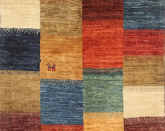 3x5 Gabbeh Rug: Multicolor Checkered Hand-Knotted Wool Area Rug