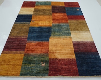 6x8 Multicolor Checkered Gabbeh Rug: Afghan Hand-Knotted Veg dye Wool Rug