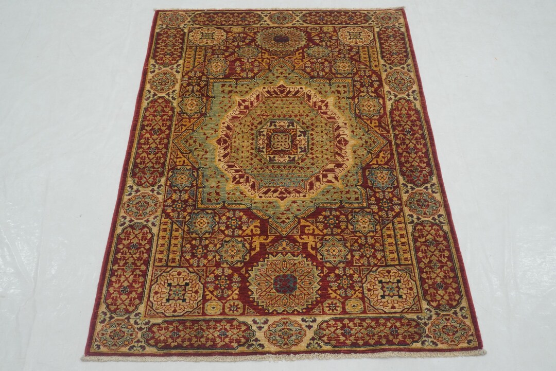 4x5 Red Mamluk Rug - Hand Knotted Wool Area Rug - Geometric Medallion ...