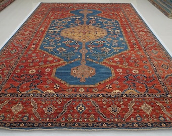 10x14 Red Blue Rug: Afghan Hand Knotted Wool Veg Dye Oriental Rug