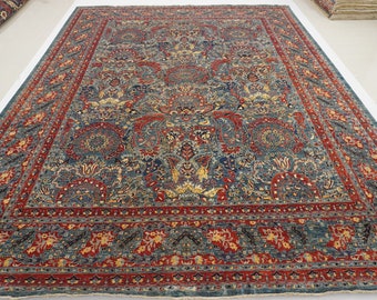 10x13 Teal Blue Hereke Rug: Turkish Style Hand-Knotted Wool Oriental Rug