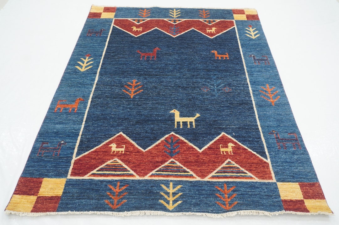 5x7 Navy Blue Tribal Gabbeh Area Rug Blue Afghan Hand Knotted Veg Dye ...