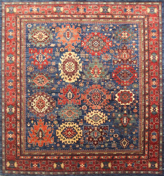 8x8 Baluch Square Area Rug Navy Blue Red Afghan Hand knotted Veg dyes Wool Rug Rugs for living room Bedroom rug Etsy Polska