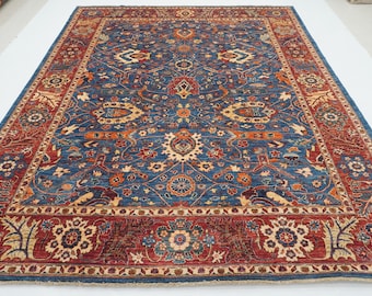 Blauw Oosters vloerkleed van 8x10 voet: Afghaans handgeknoopt wollen vloerkleed
