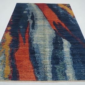 6x8 Navy Blue Modern Area Rug - Afghan knotted wool Veg dyes Contemporary abstract rug Rugs for Living room - Bedroom rug - 5&#39;7&quot;x7&#39;10&quot;
