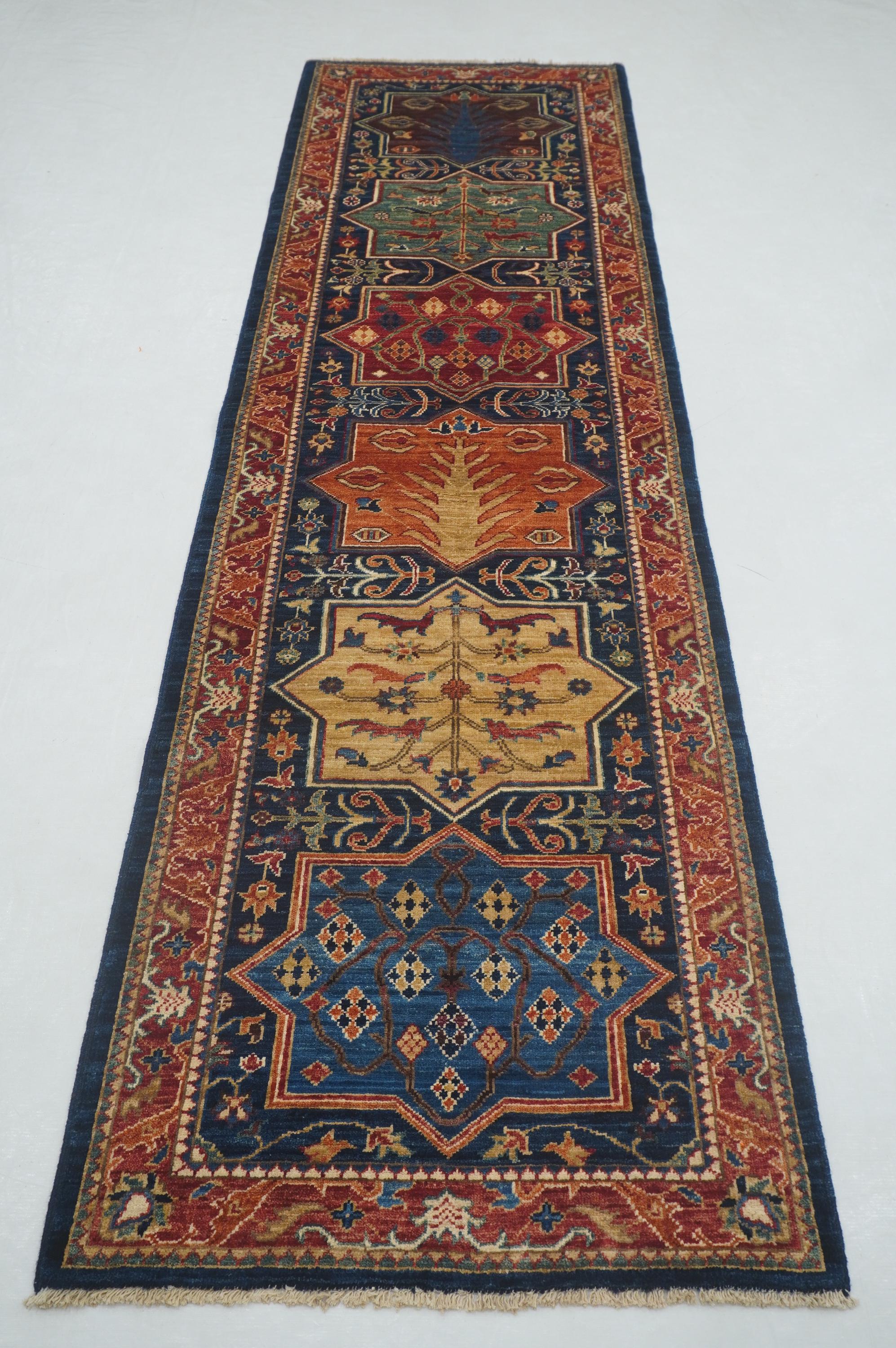 手編みアフガニスタンバフティアリランナーラグ：ネイビーブルーウール