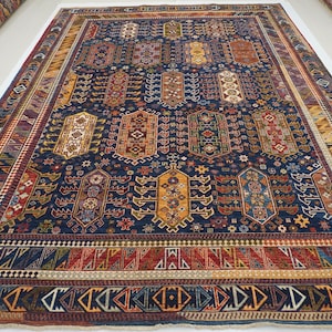 10x14 Navy Blue Baluch Rug: Hand-Knotted Afghan Wool Rug 9&#39;10&quot;x13&#39;9&quot;