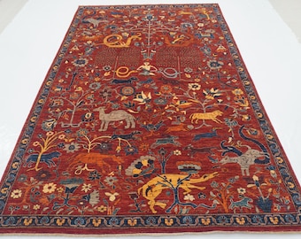 6x9 Deep Red Nomadic Gabbeh Area Rug - Afghan Super Fine Hand Knotted Wool Tribal Animal Dragon Rug - Living Room rug - Bedroom Rug
