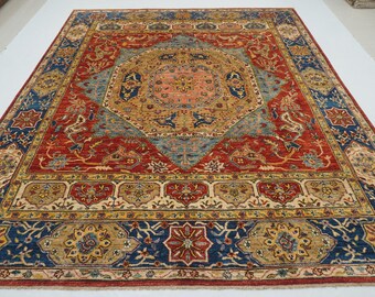 Alfombra mameluca roja de 8 x 9,7 pulgadas: alfombra de lana con medallón anudada a mano