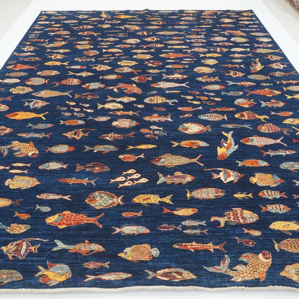 9x12 Blue Fish Gabbeh Area Rug - Navy Blue Afghan Hand knotted Vegetable dyes wool Rug - Rugs for living room - Rugs for Bedroom - 9'x11'6