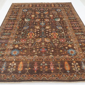 8x10 Dark Brown Afghan Waziri Area Rug - Persian Style Hand knotted Veg Dye Wool Oriental Rug - Rugs for living room - Bedroom rug