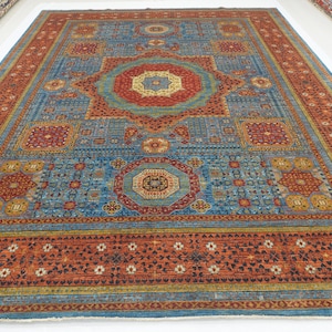 10x13 Blue Mamluk Area Rug: Hand-Knotted Wool Medallion Rug (9&#39;9x12&#39;9&quot;)