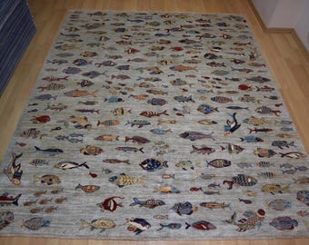 8.0x9.4 Gray Fish Gabbeh Area Rug: Afghan Hand knotted wool Carpet