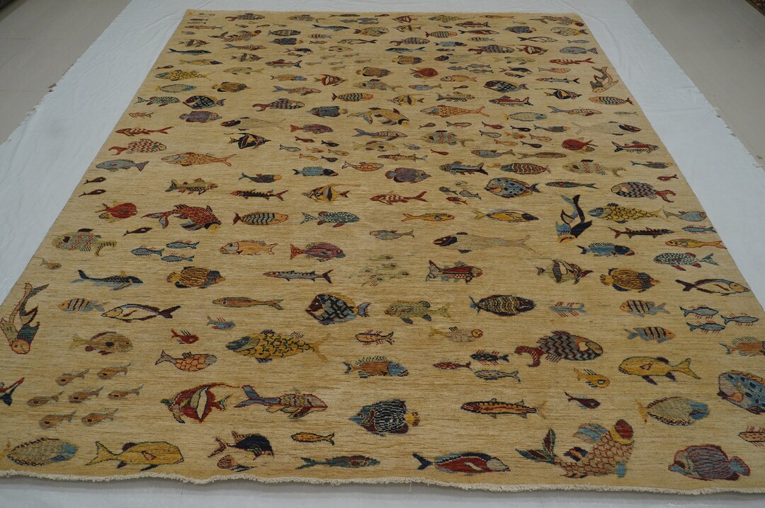 Ilim Fish Rug 8x10 Beige Fish Rug Cream Beige Afghan Gabbeh Hand Knotted Veg Dyes ...