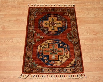 2x3 Red Ersari Rug: Afghan Hand-Knotted Wool Accent Rug