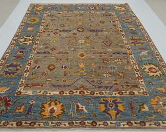 8x9.6 Gray Turkish Oushak Rug: Hand-Knotted Wool, Veg Dyes
