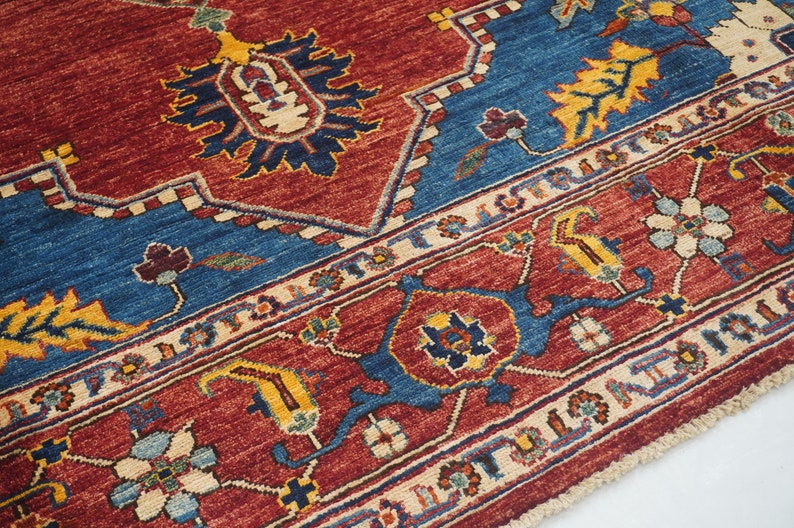 8x10 Red Heriz Rug Red Blue Persian Style Hand Knotted Veg Dyes Wool