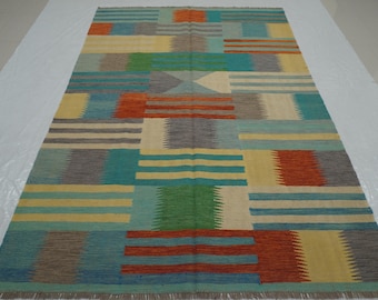 Handmade Multicolor Afghan Kilim Rug – Modern Wool Abstract Rug (6'7"x9'8")