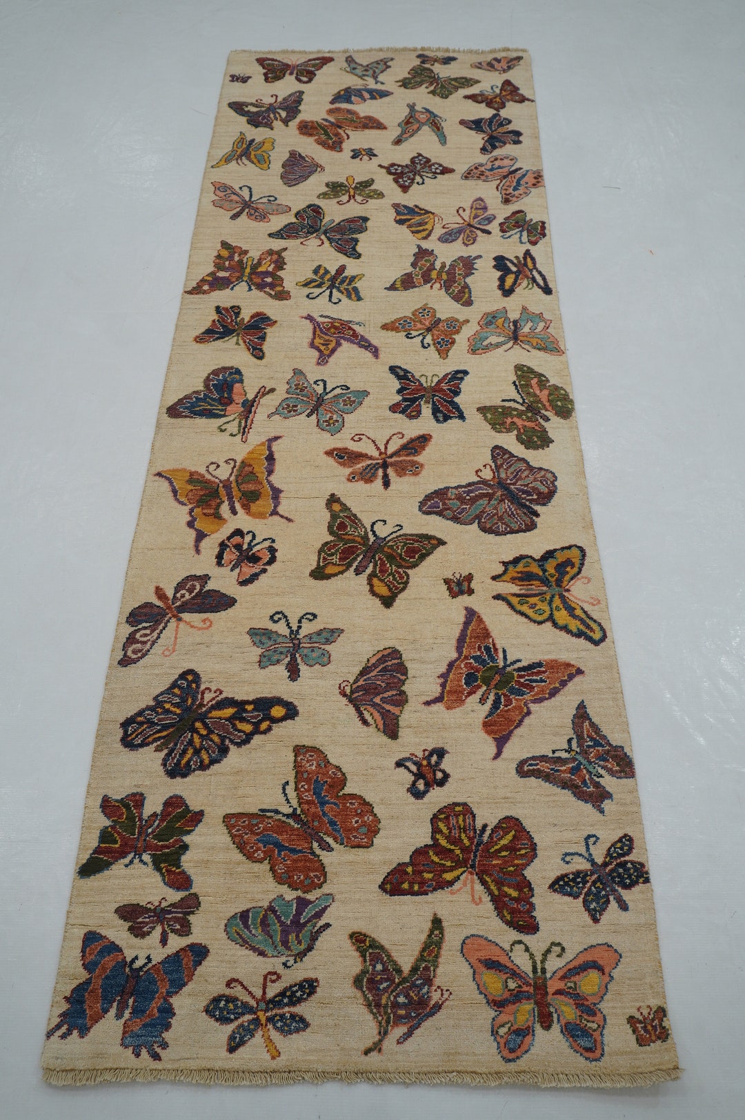 Butterfly Runner Rug 8 Ft Beige Butterfly Runner Rug: Hand-knotted Afghan Wool Entryway Rug ...