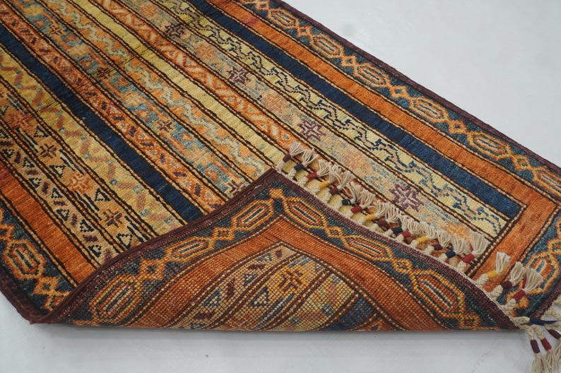 5 Ft Blue Vintage Turkish Runner Rug Shawl Striped Pattern Hand Knotted