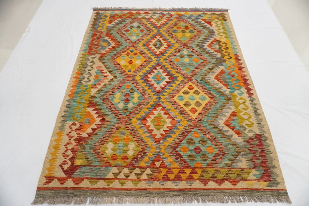 5x7 Afghan Kilim Area Rug Orange Green Blue Yellow Authentic Etsy UK