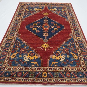 6x9 Serapi Area Rug - Red Blue Persian Style Hand knotted Natural Dyes Wool Rug - Rugs Living Room- Bedroom Rug - Traditional Rug